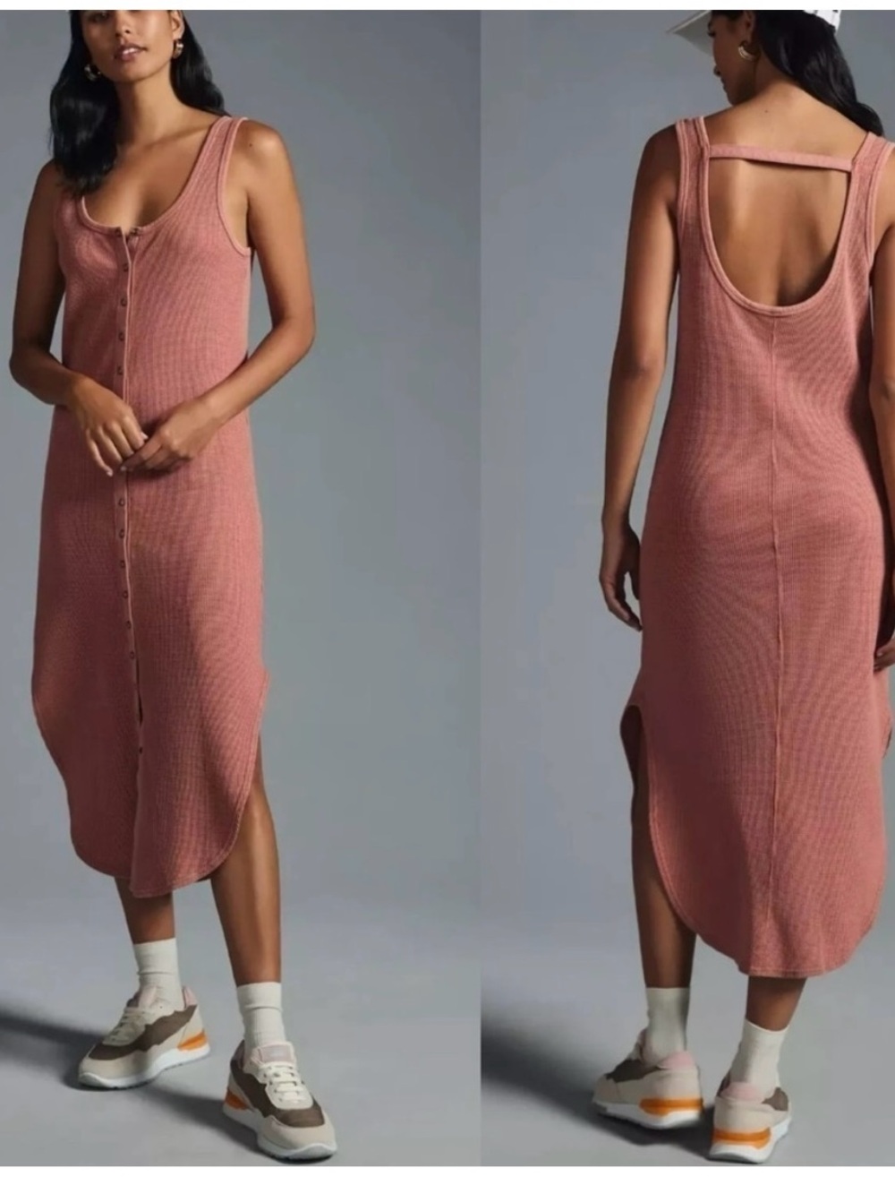 Anthropologie Daily Practice Waffle Knit Button Front Tank Dress Pink Size S